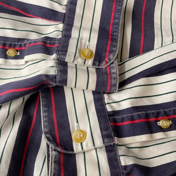Bugle Boy Classics Vertical Striped Button Down Shirt White Navy Red Green M - Picture 5 of 6
